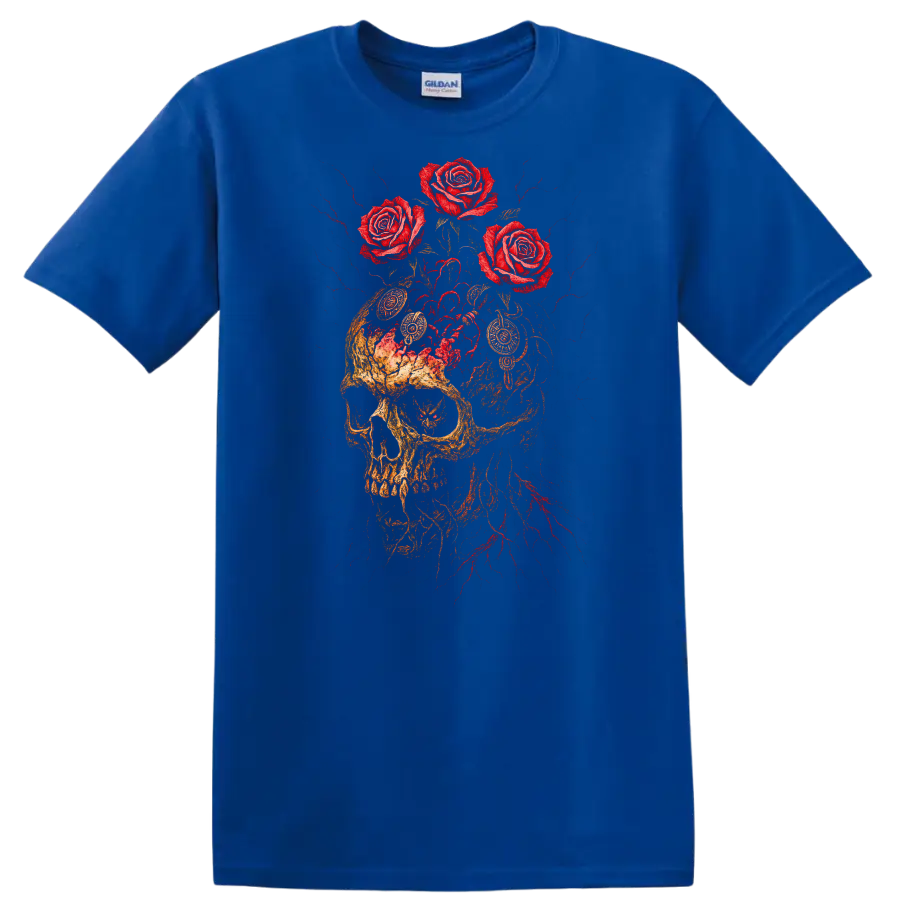 Retro Rock Skull and Roses Heavy Metal Graphic T Shirt - Royal (Blue)