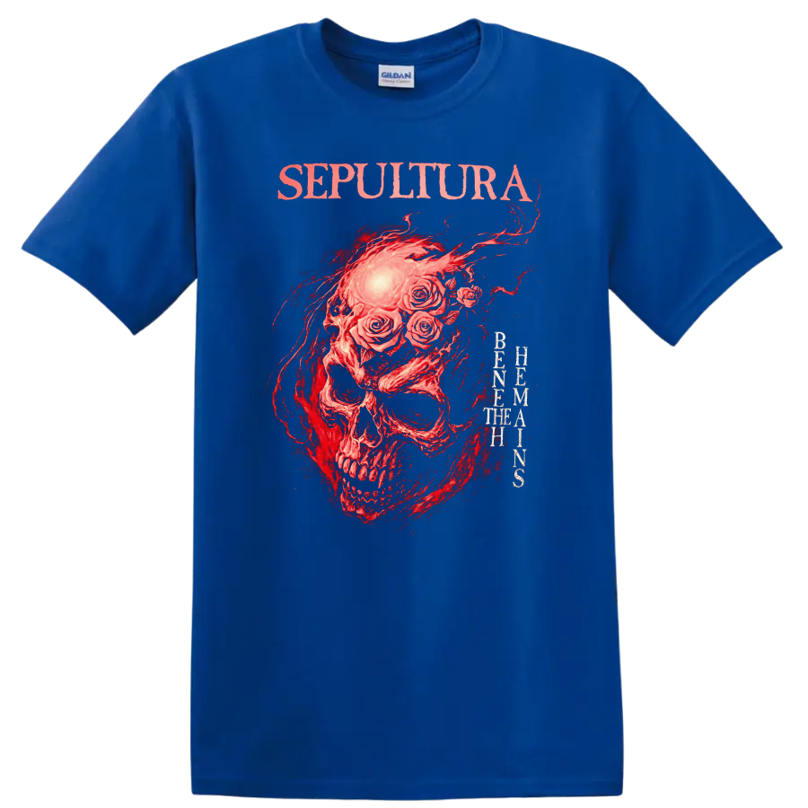 Sepultura Skull Roses Retro Heavy Metal Band Album Cover T Shirt - Royal (Blue)