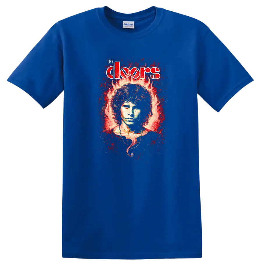 The Doors Retro Rock Flame Portrait Album Cover T Shirt - Royal (Blue)