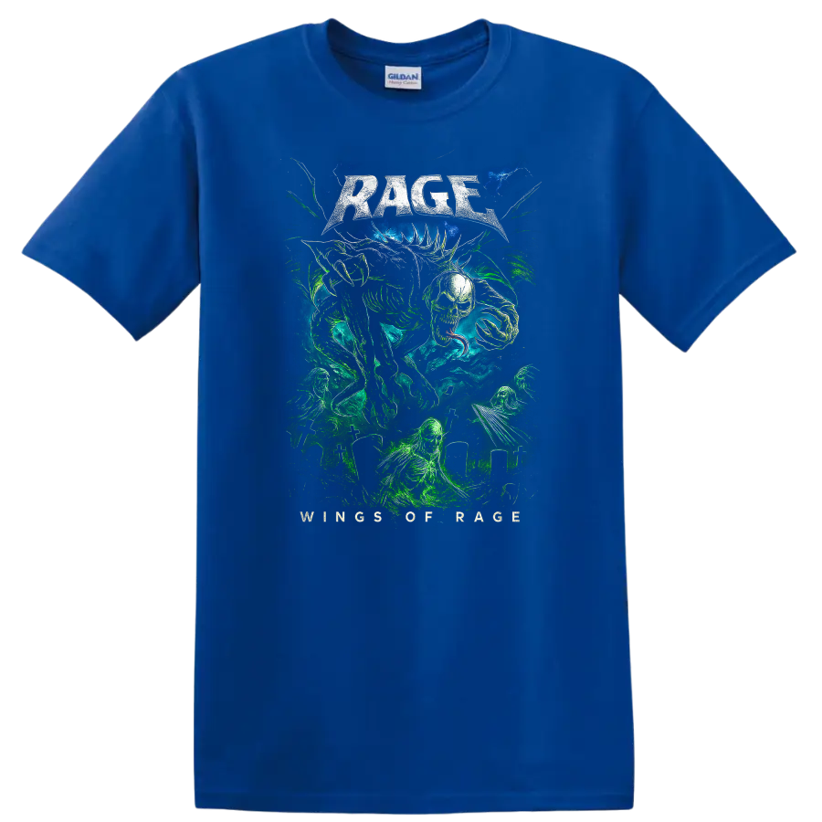 Rage Heavy Metal Album Cover Style Graphic T Shirt for Rock Fans - Royal (Blue)