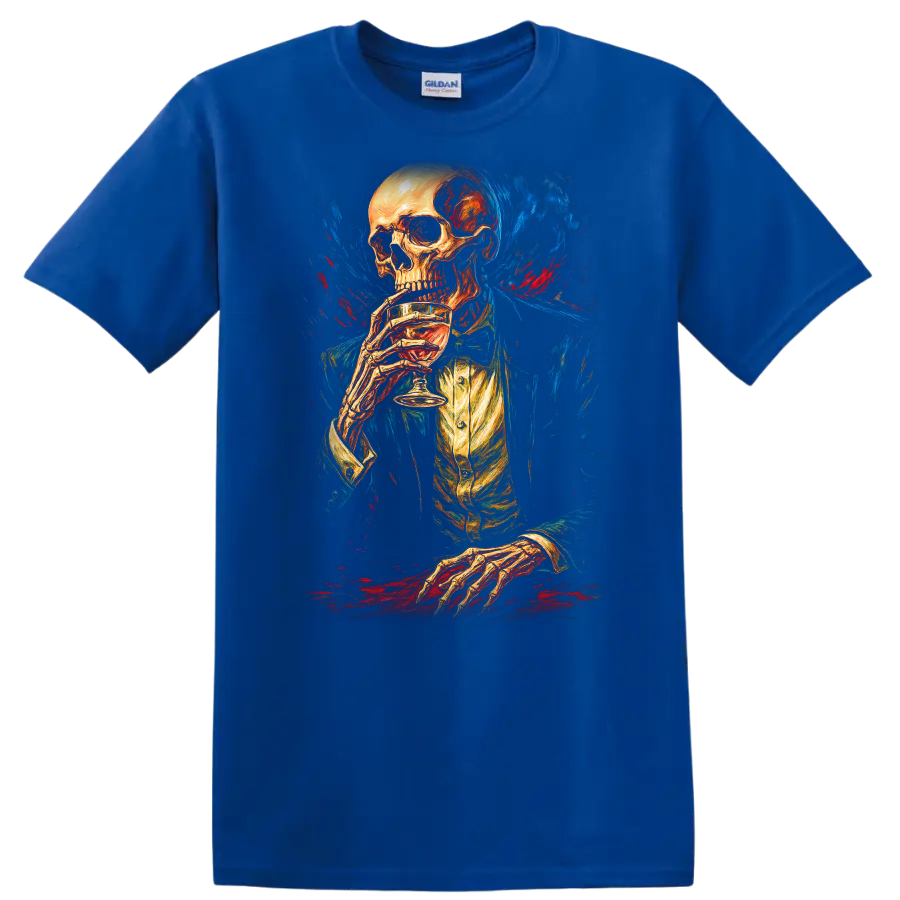 Vintage gothic skeleton in formal attire holding a drink amid blue and red painterly on a Royal (Blue) T Shirt