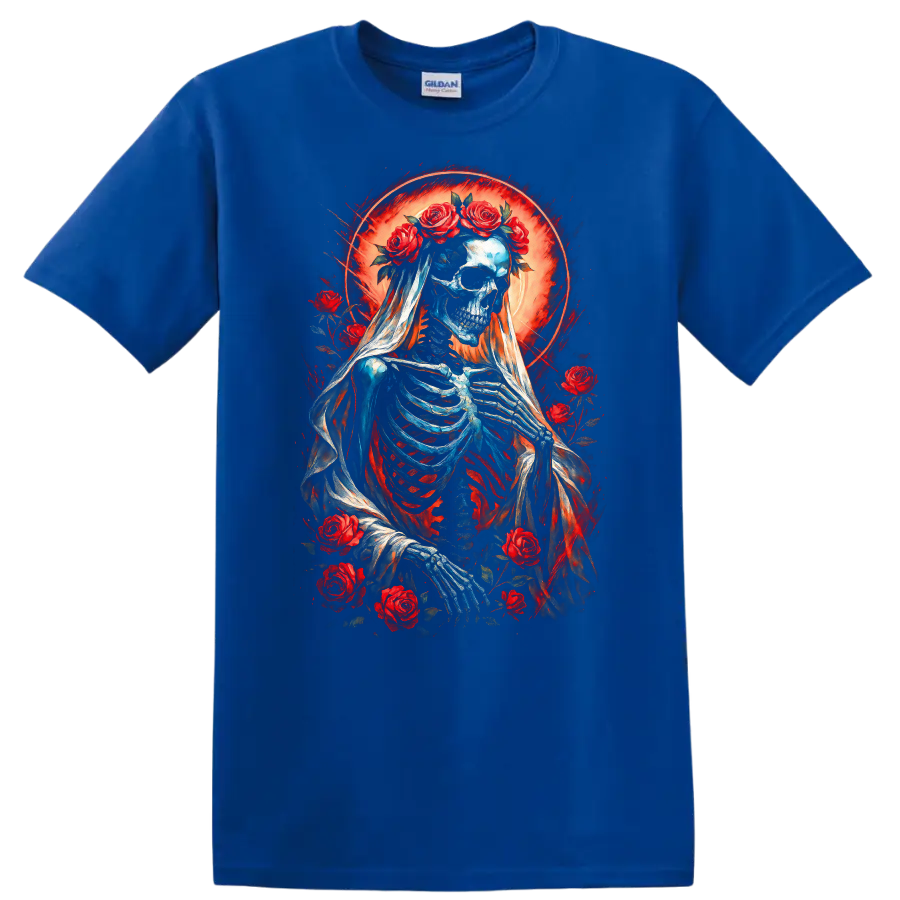 Vintage gothic skeleton bride in a veil with red roses and glowing red halo on a Royal (Blue) T Shirt