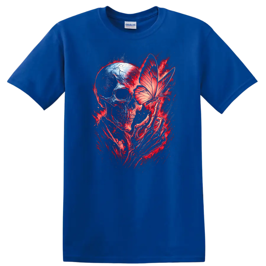 Gothic skull with skeletal hands holding a butterfly in red and blue dark art on a Royal (Blue) T Shirt