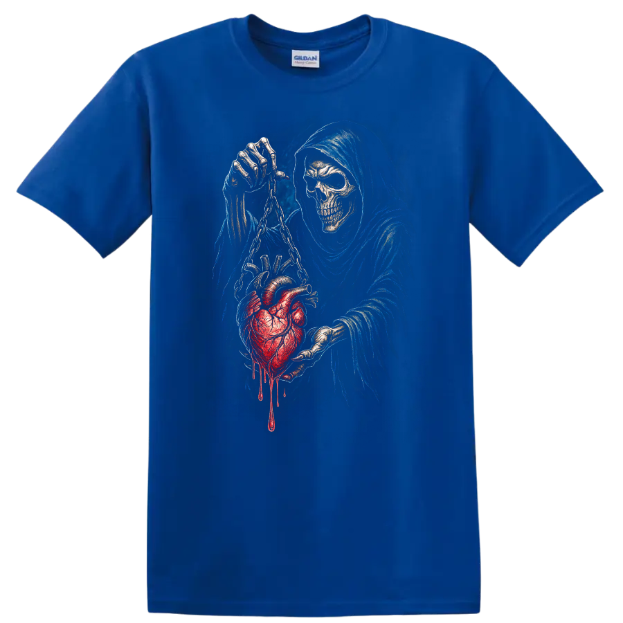 Grim Reaper skull holding a chained bleeding heart in detailed gothic horror art on a Royal (Blue) T Shirt