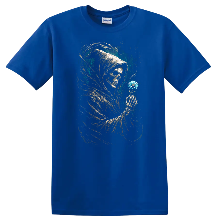 Hooded Grim Reaper skull holding blue flower in vintage gothic dark art on a Royal (Blue) T Shirt