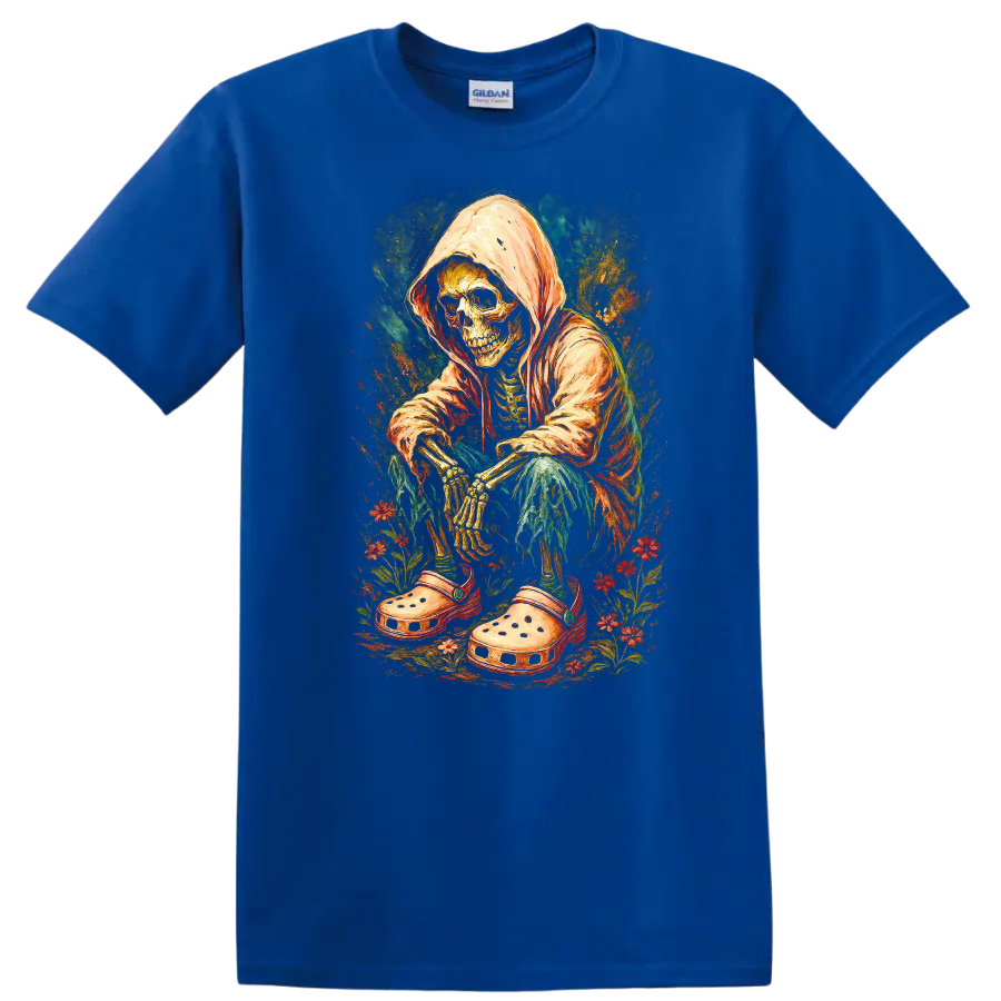Vintage hooded skeleton in oversized clogs surrounded by colorful flowers on a Royal (Blue) T Shirt