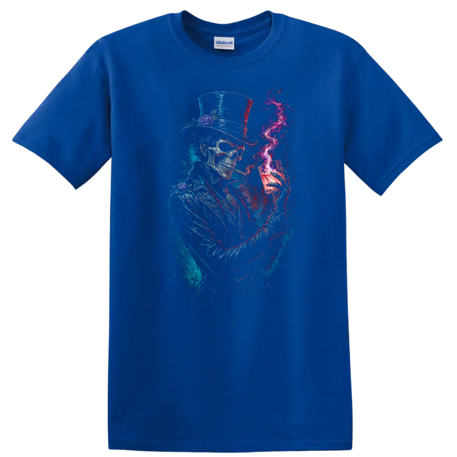 Gothic top-hat skeleton with cocktail glass, magenta smoke, and distressed skull art on a Royal (Blue) T Shirt