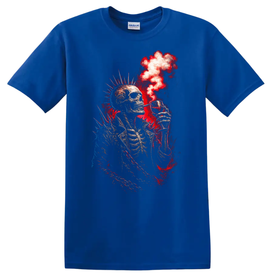 Spiked punk skeleton raising a cocktail amid red smoke in distressed gothic art on a Royal (Blue) T Shirt