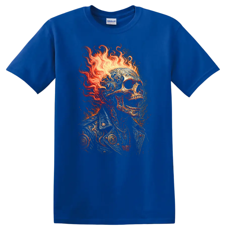 Flaming skull in ornate vintage jacket with gothic fire illustration on a Royal (Blue) T Shirt