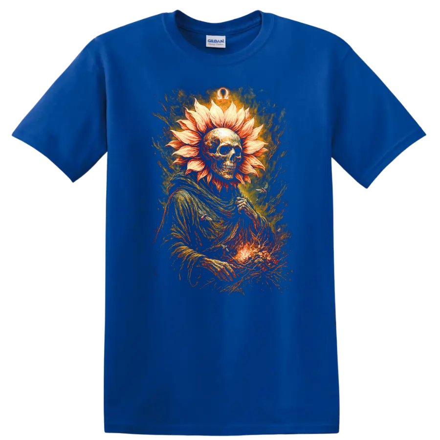 Gothic skeleton with flower-petal halo, fiery textures, and Omega symbol on a Royal (Blue) T Shirt
