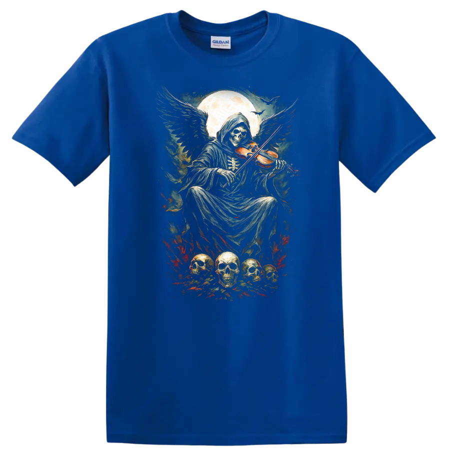 Vintage gothic Grim Reaper playing violin beneath moon with skulls and fiery accents on a Royal (Blue) T Shirt