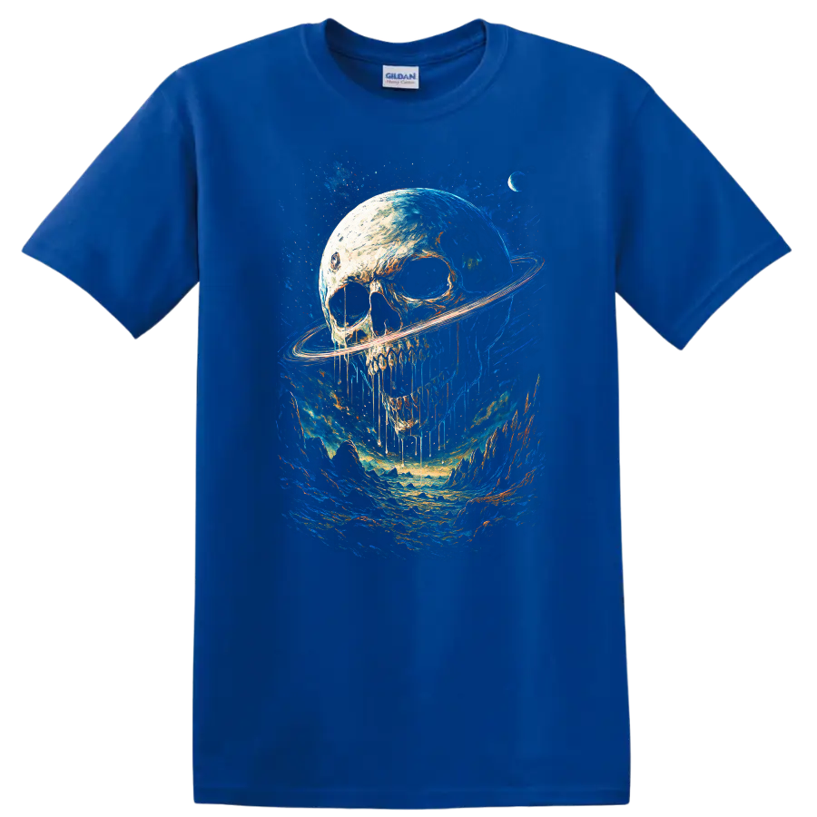 Gothic skull with Saturn-like ring in a vivid blue cosmic landscape on a Royal (Blue) T Shirt