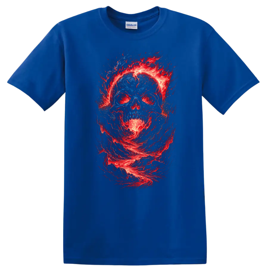 Distressed blue skull surrounded by swirling red flames in gothic horror art on a Royal (Blue) T Shirt