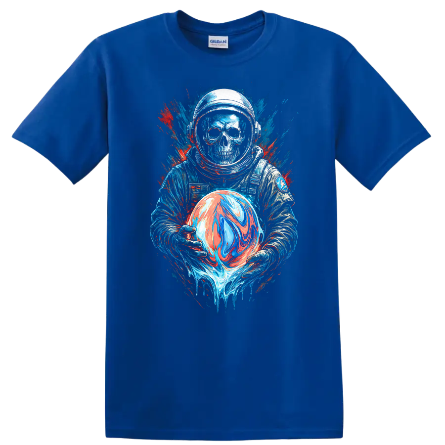 Gothic skull astronaut holding a swirling orb in neon space splatter art on a Royal (Blue) T Shirt
