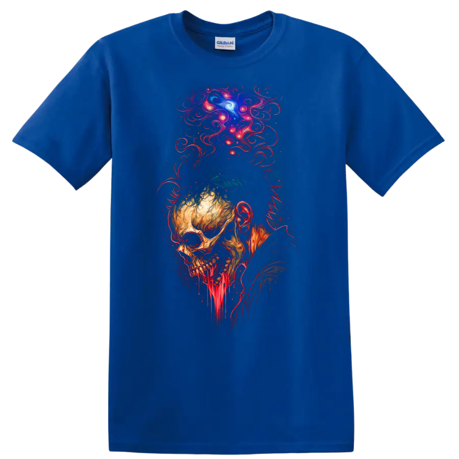 Decaying skull with dripping jaw and psychedelic cosmic smoke in gothic horror art on a Royal (Blue) T Shirt