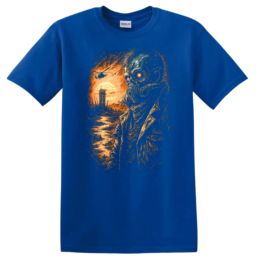 Distressed gothic gas mask skull survivor with fiery sunset and ruined landscape on a Royal (Blue) T Shirt