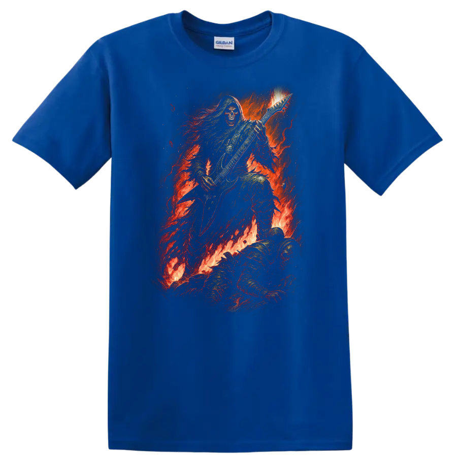 Hooded skeleton guitarist in flames, distressed vintage gothic rock artwork on a Royal (Blue) T Shirt