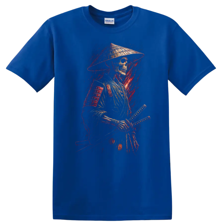 Vintage gothic samurai skeleton warrior in armor with conical hat and swords on a Royal (Blue) T Shirt