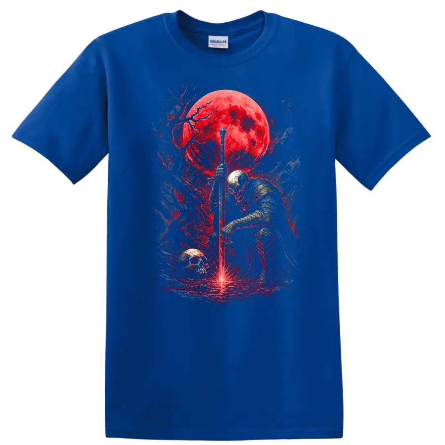 Armored skeletal knight with sword, skulls, and crimson moon in gothic fantasy art on a Royal (Blue) T Shirt