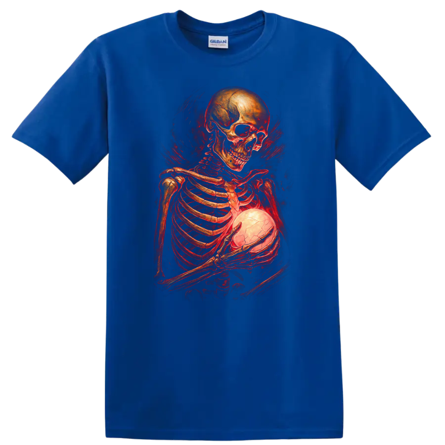 Gothic skeleton holding a glowing cracked orb in red vintage horror art on a Royal (Blue) T Shirt
