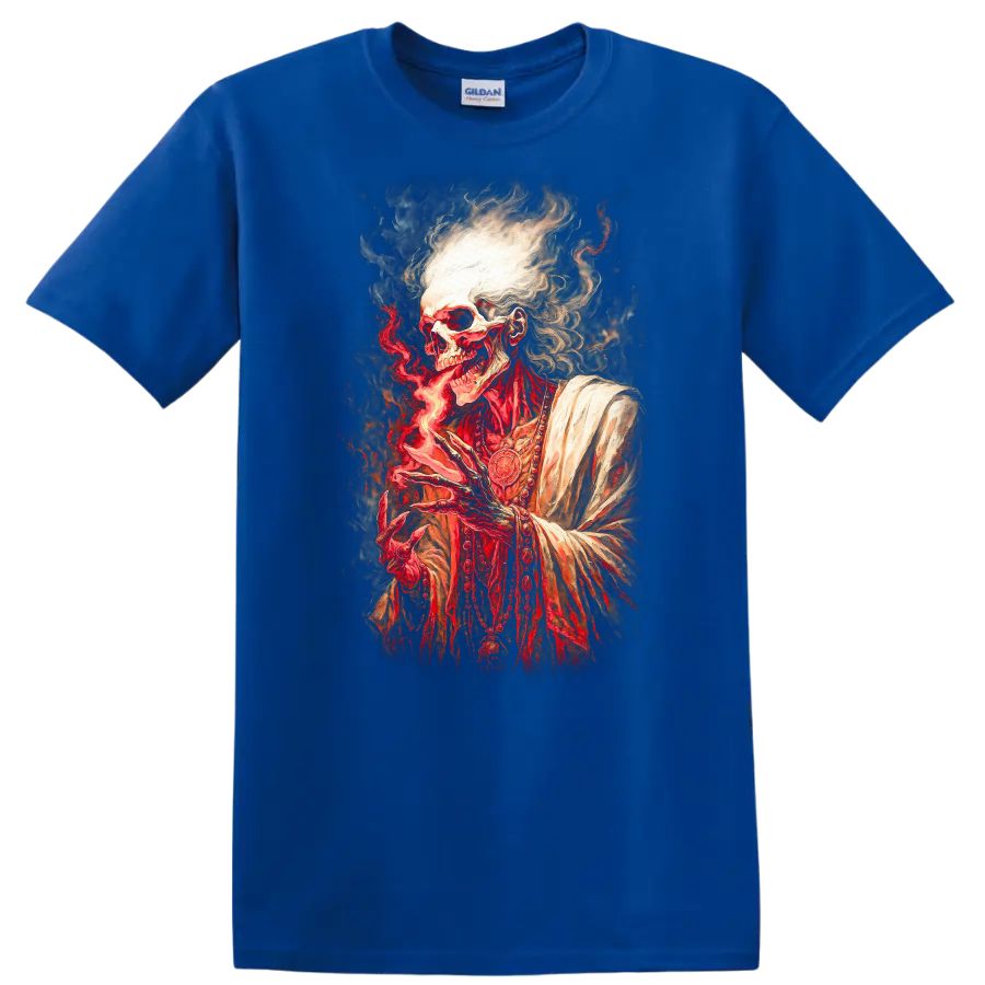 Gothic robed skeleton conjuring red flame in a detailed dark fantasy illustration on a Royal (Blue) T Shirt