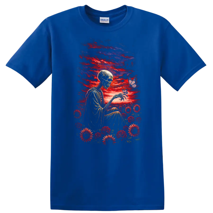 Vintage-style skeleton with red roses, flowers, butterflies, and a dramatic sky on a Royal (Blue) T Shirt