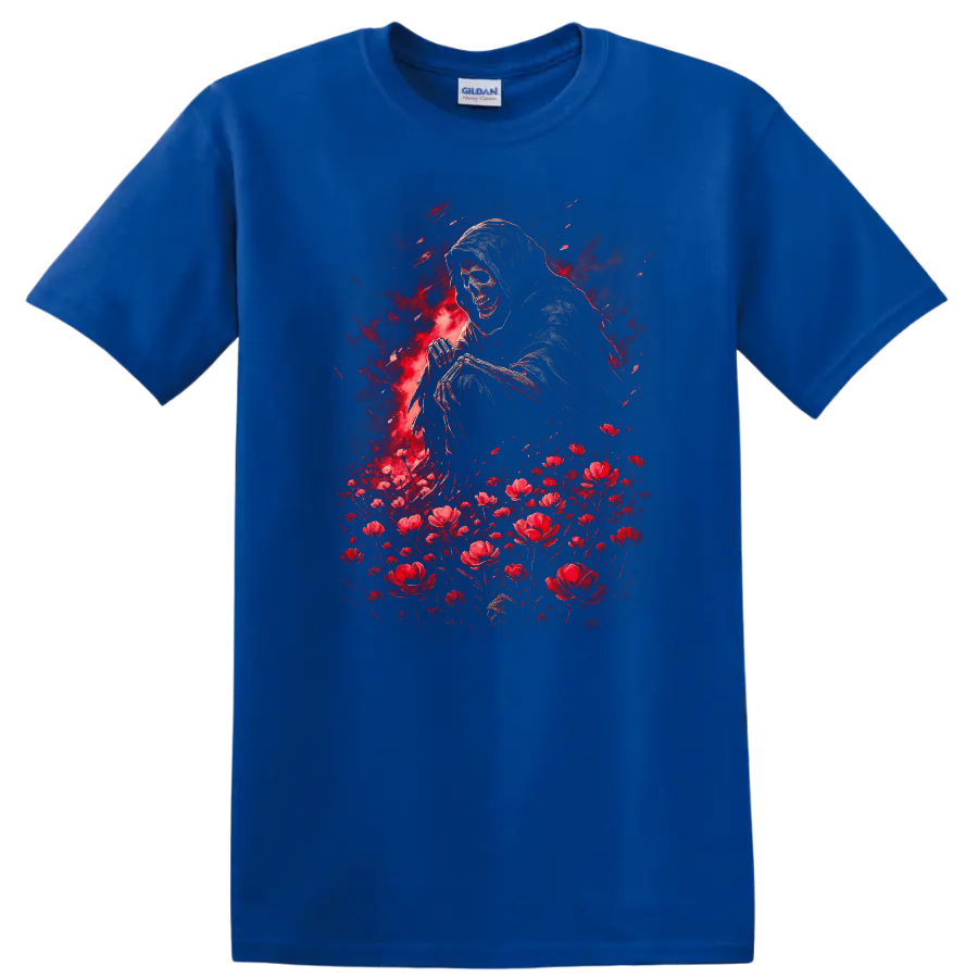 Hooded grim reaper skull with red flowers in distressed gothic illustration on a Royal (Blue) T Shirt