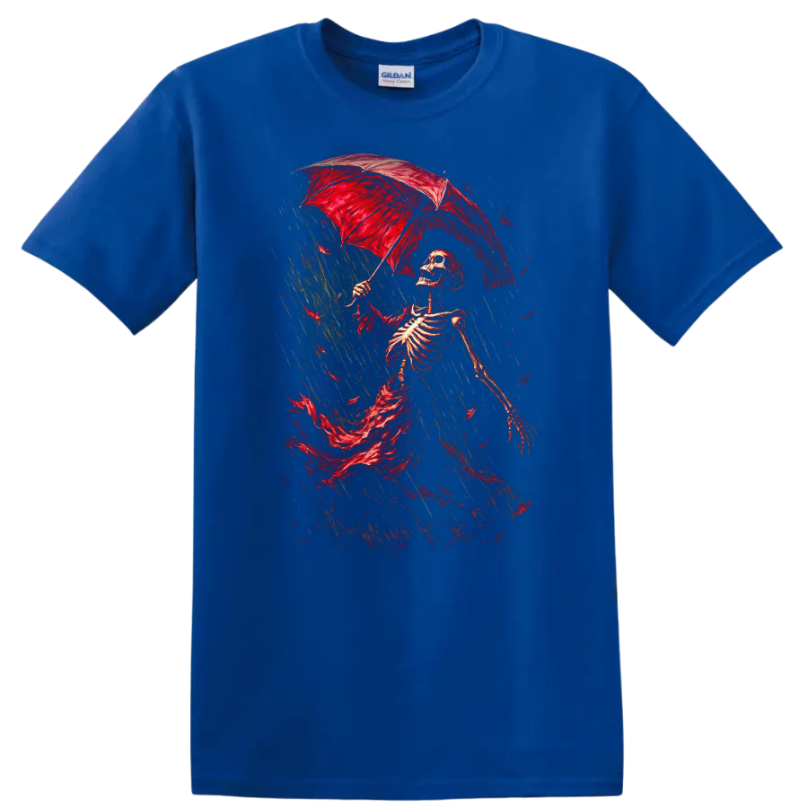Vintage Gothic skeleton walking in rain beneath a red umbrella on a Royal (Blue) T Shirt