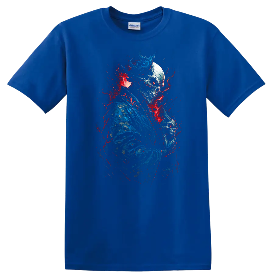 Crowned skeleton in blue robes holding a skull amid red and blue gothic splatter on a Royal (Blue) T Shirt