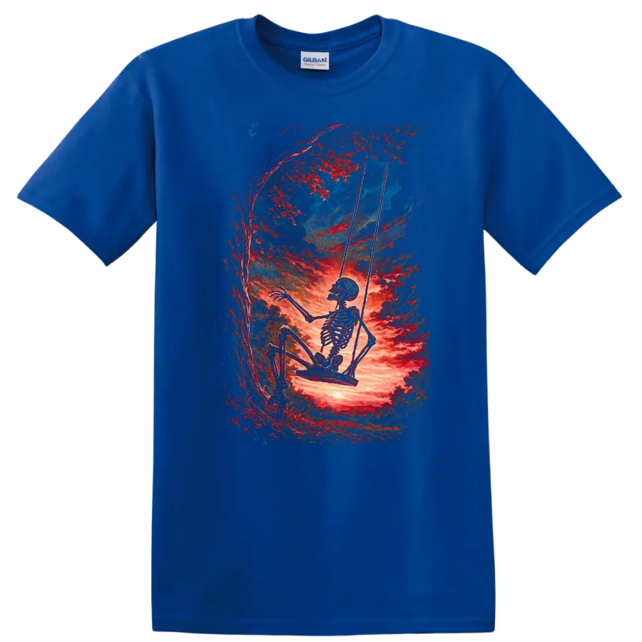 Vintage skeleton swinging beneath red trees in surreal gothic forest art on a Royal (Blue) T Shirt
