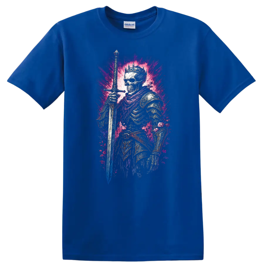 Crowned skeleton warrior with sword, ornate armor, and vivid floral gothic artwork on a Royal (Blue) T Shirt