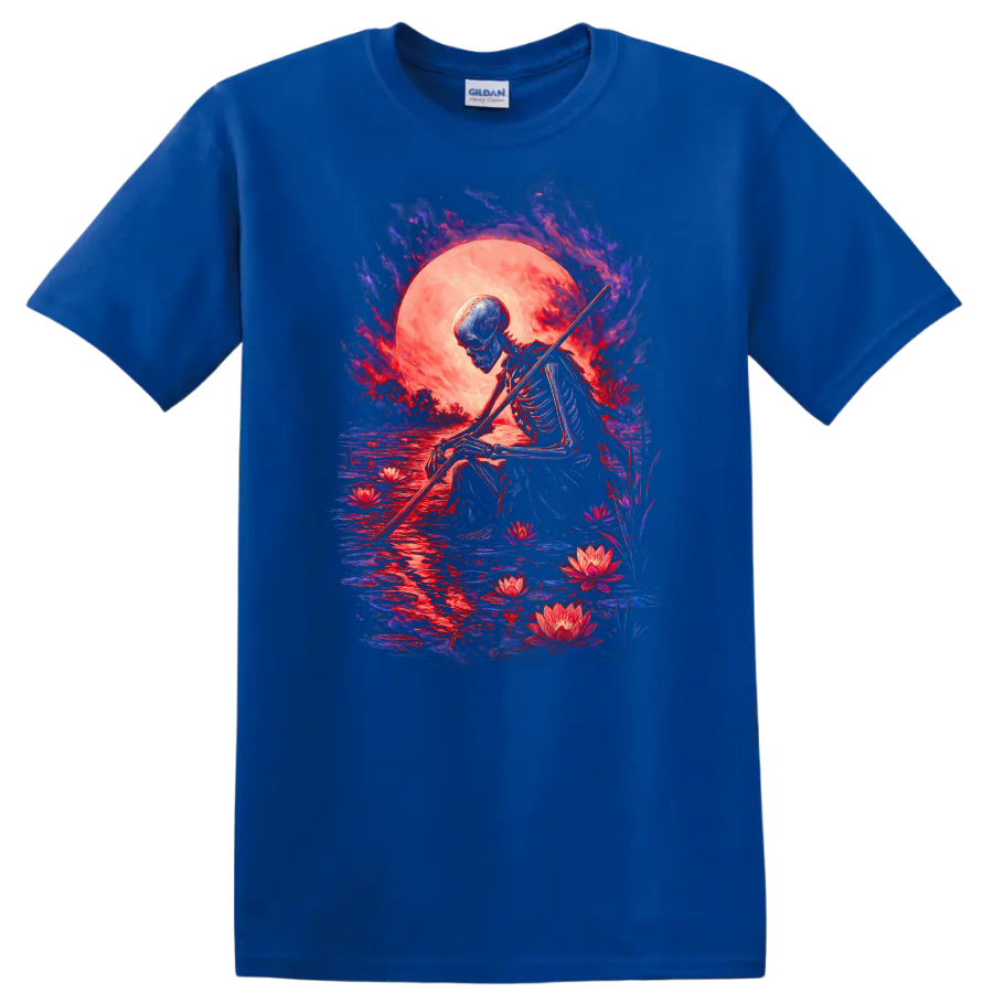 Moonlit skeleton with staff, lotus flowers, reflective water, and gothic full moon art on a Royal (Blue) T Shirt