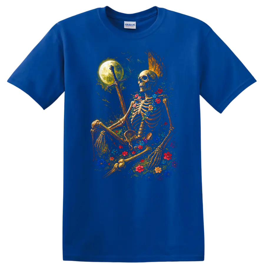Moonlit floral skeleton holding a sword in a gothic flower-filled night scene on a Royal (Blue) T Shirt