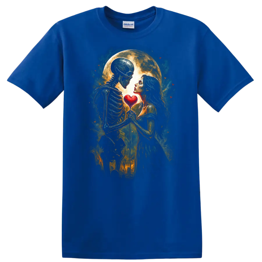 Romantic skeleton and woman holding a heart beneath a full moon in gothic art on a Royal (Blue) T Shirt