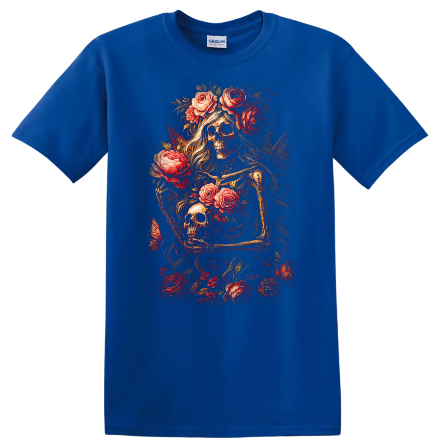 Vintage gothic skeletal figures and skulls surrounded by red roses and foliage on a Royal (Blue) T Shirt