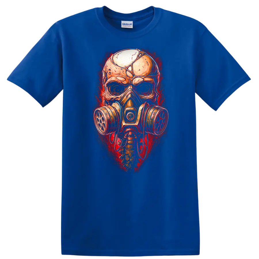 Gothic illustrated skull wearing a gas mask with distressed red horror-art backdrop on a Royal (Blue) T Shirt