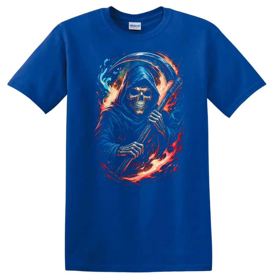 Hooded Grim Reaper skeleton with scythe, swirling flames, and blue gothic artwork on a Royal (Blue) T Shirt