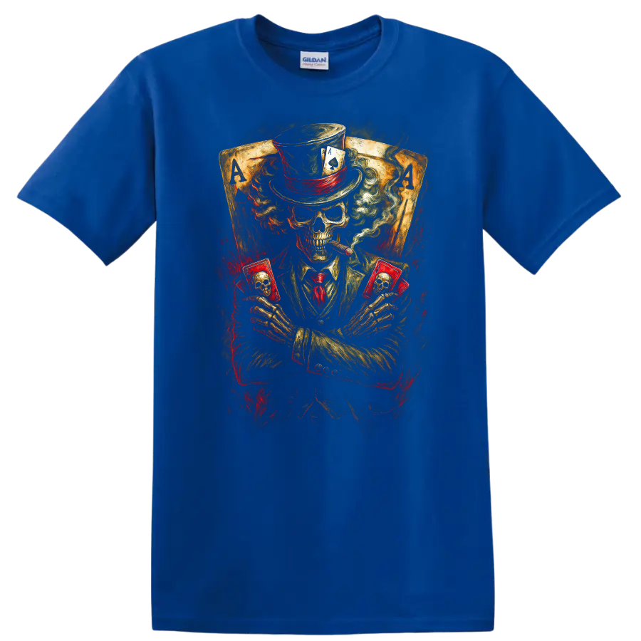 Vintage gothic skeleton poker player in top hat holding skull cards before ace cards on a Royal (Blue) T Shirt