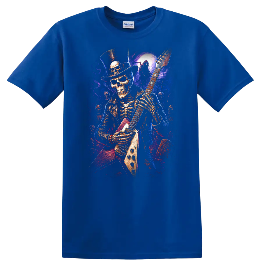Top-hatted skeleton guitarist in vivid gothic moonlit graveyard art on a Royal (Blue) T Shirt