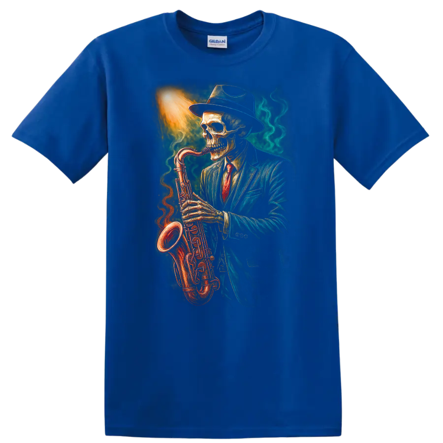 Vintage gothic skeleton in a suit and hat playing a glowing saxophone on a Royal (Blue) T Shirt