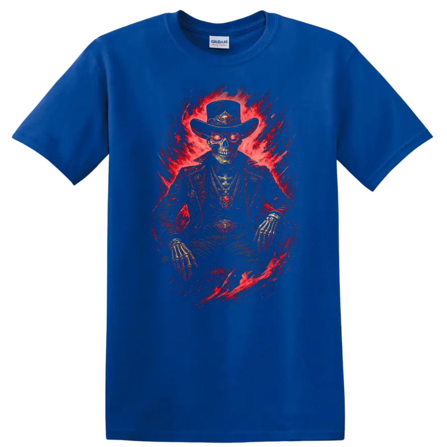 Skeleton cowboy in a wide-brim hat with fiery red gothic horror artwork on a Royal (Blue) T Shirt