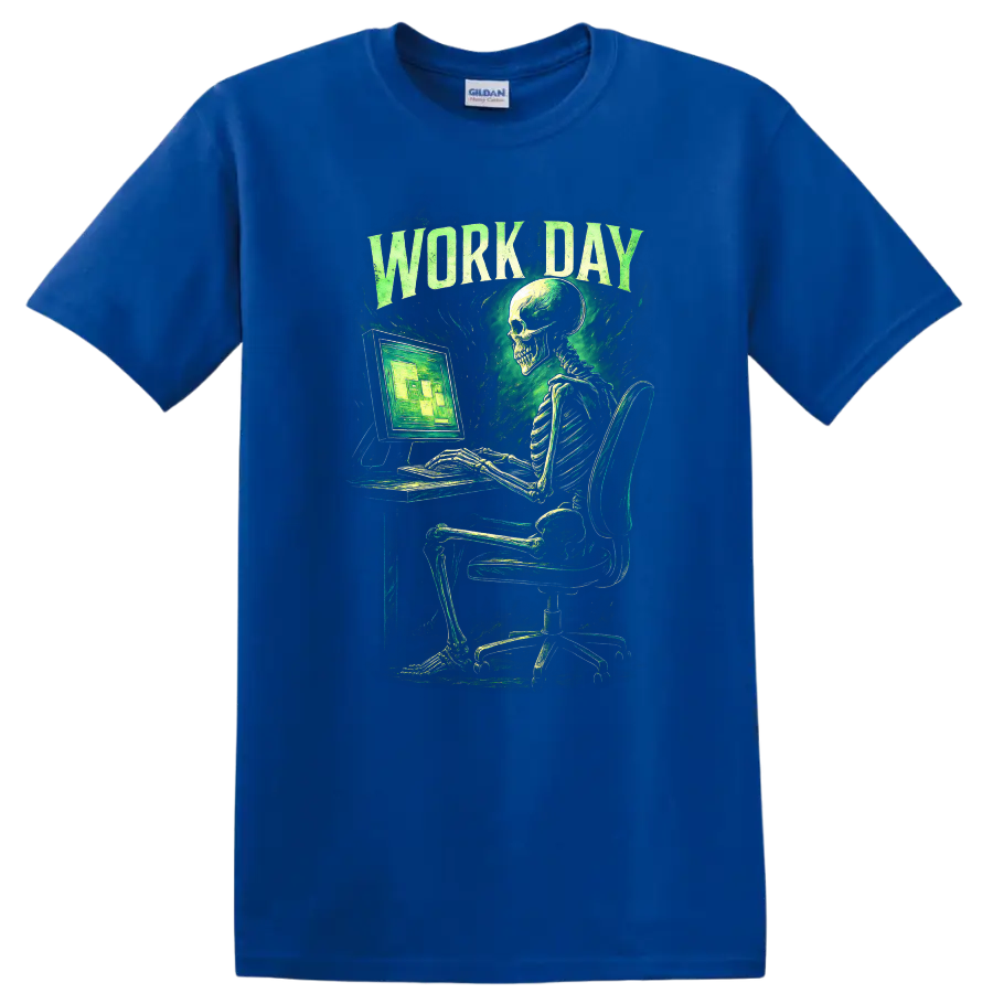 Work Day skeleton at computer in distressed vintage gothic green graphic on a Royal (Blue) T Shirt