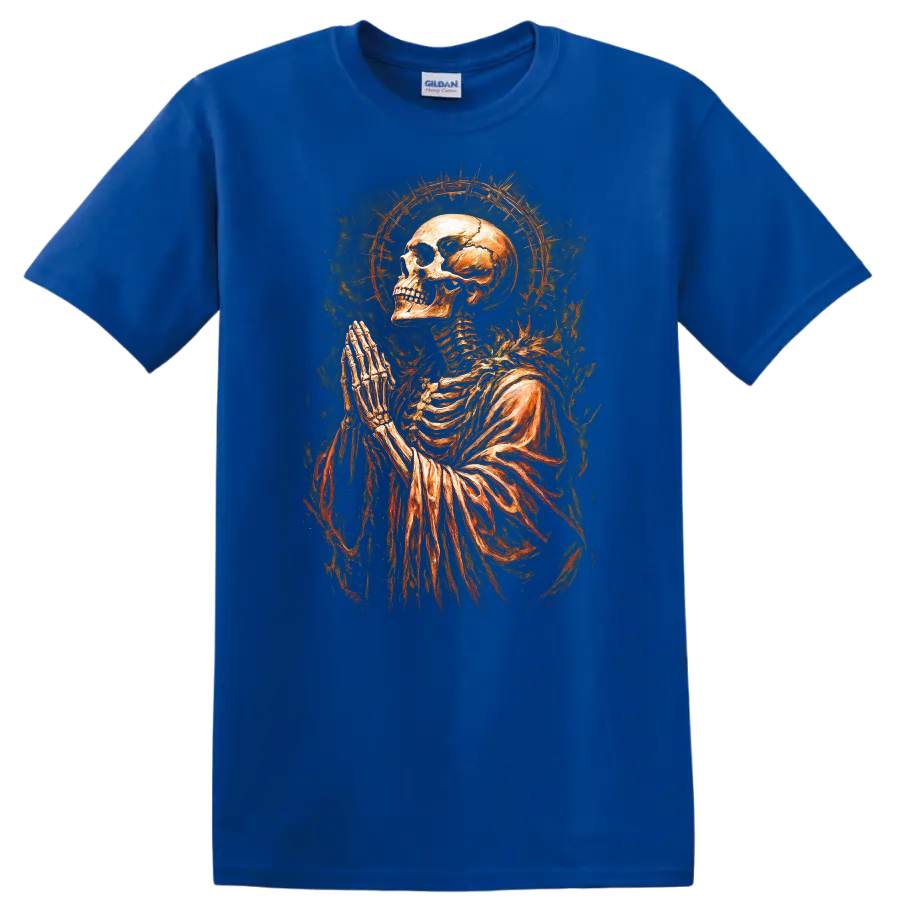 Praying skeleton skull with fiery halo in vintage gothic dark-art style on a Royal (Blue) T Shirt