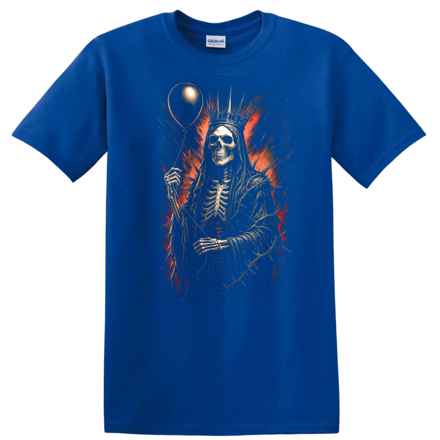 Crowned skeleton holding a balloon in distressed red and black gothic horror art on a Royal (Blue) T Shirt