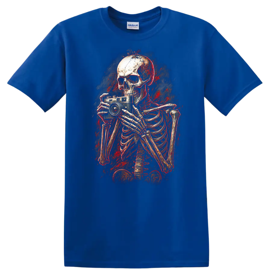 Distressed gothic skeleton photographer holding a vintage camera horror art graphic on a Royal (Blue) T Shirt
