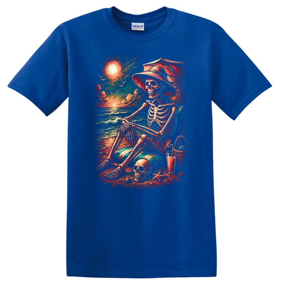 Vintage-style skeleton in beach chair with skull, ocean waves, hat, and sunset on a Royal (Blue) T Shirt
