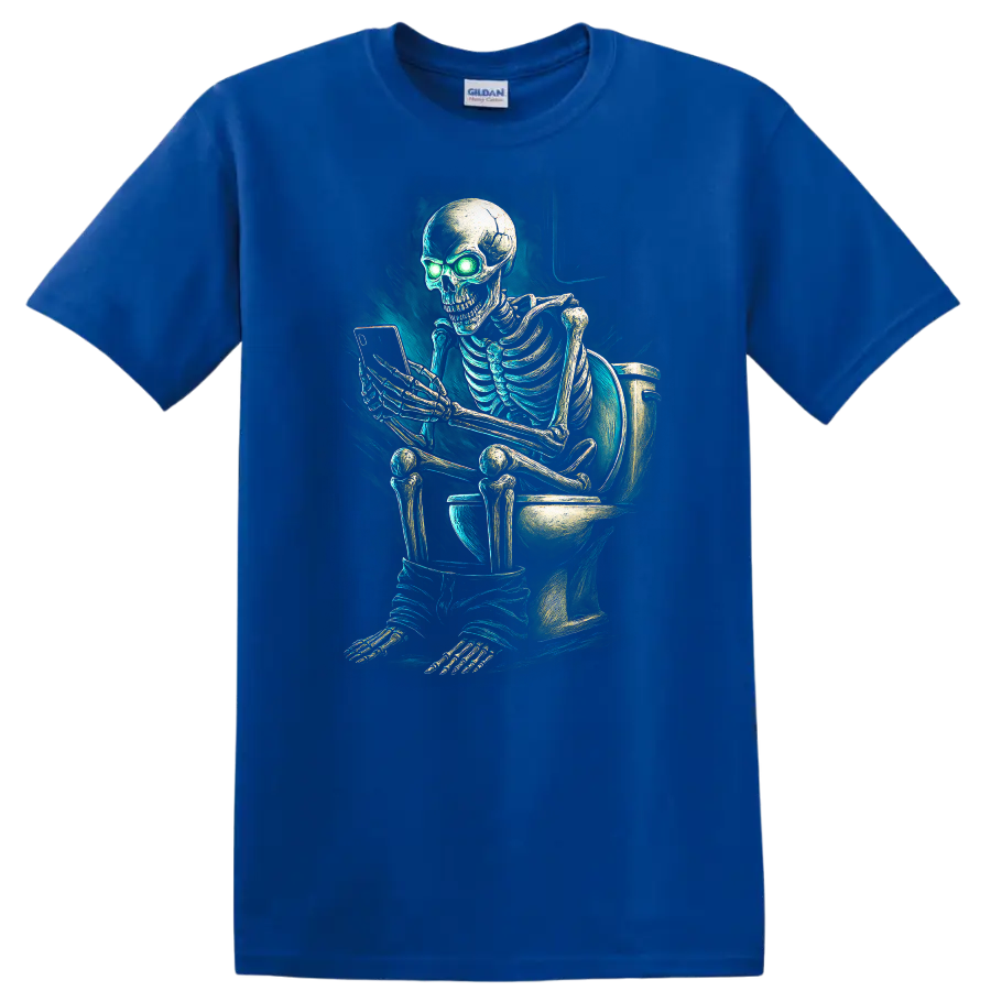Vintage gothic skeleton on toilet using phone with glowing green eyes on a Royal (Blue) T Shirt