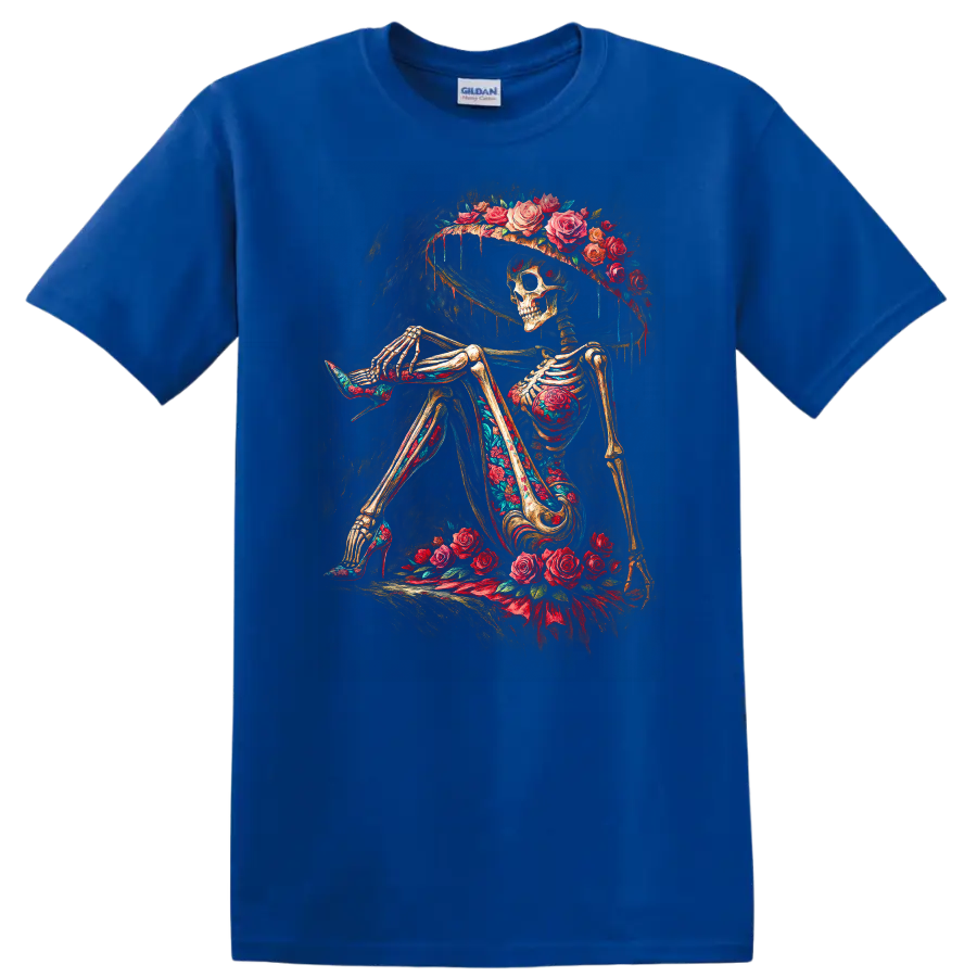 Vintage gothic skeleton in a wide-brim hat surrounded by red roses on a Royal (Blue) T Shirt