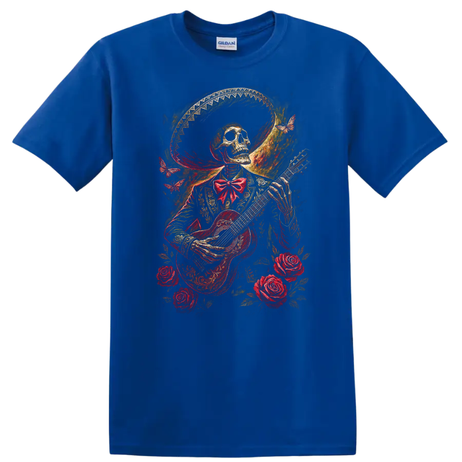 Vintage gothic skeleton guitarist with roses, butterflies, and ornate wide-brimmed hat on a Royal (Blue) T Shirt