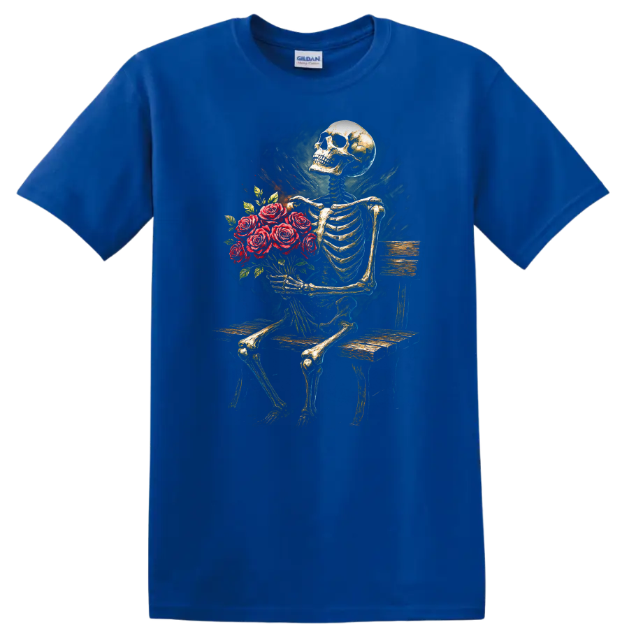 Vintage gothic skeleton holding a bouquet of red roses while seated on a wooden bench on a Royal (Blue) T Shirt